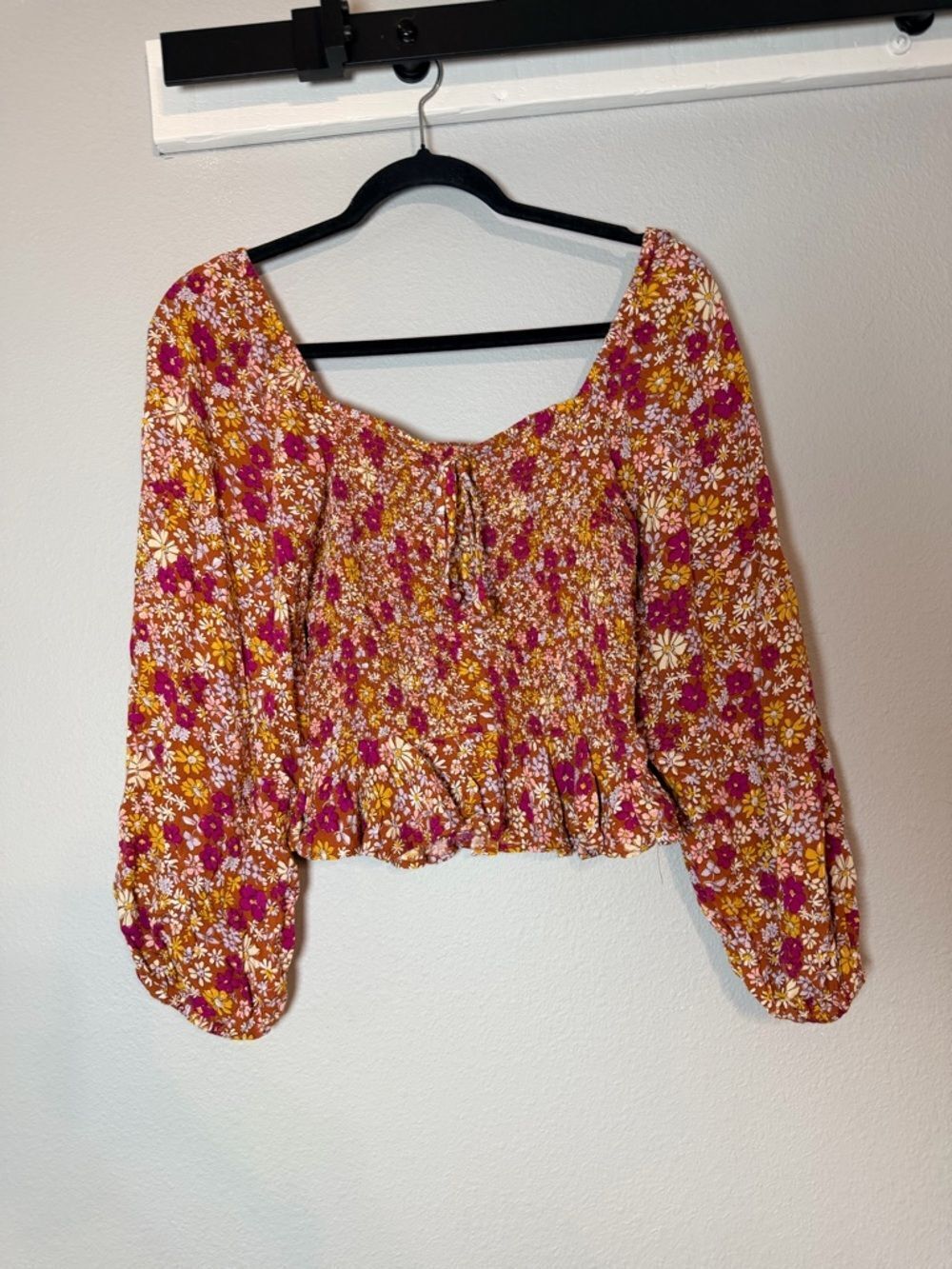 Patrons of Peace Floral Smocked Peasant Blouse Size Small Boho Long Sleeve